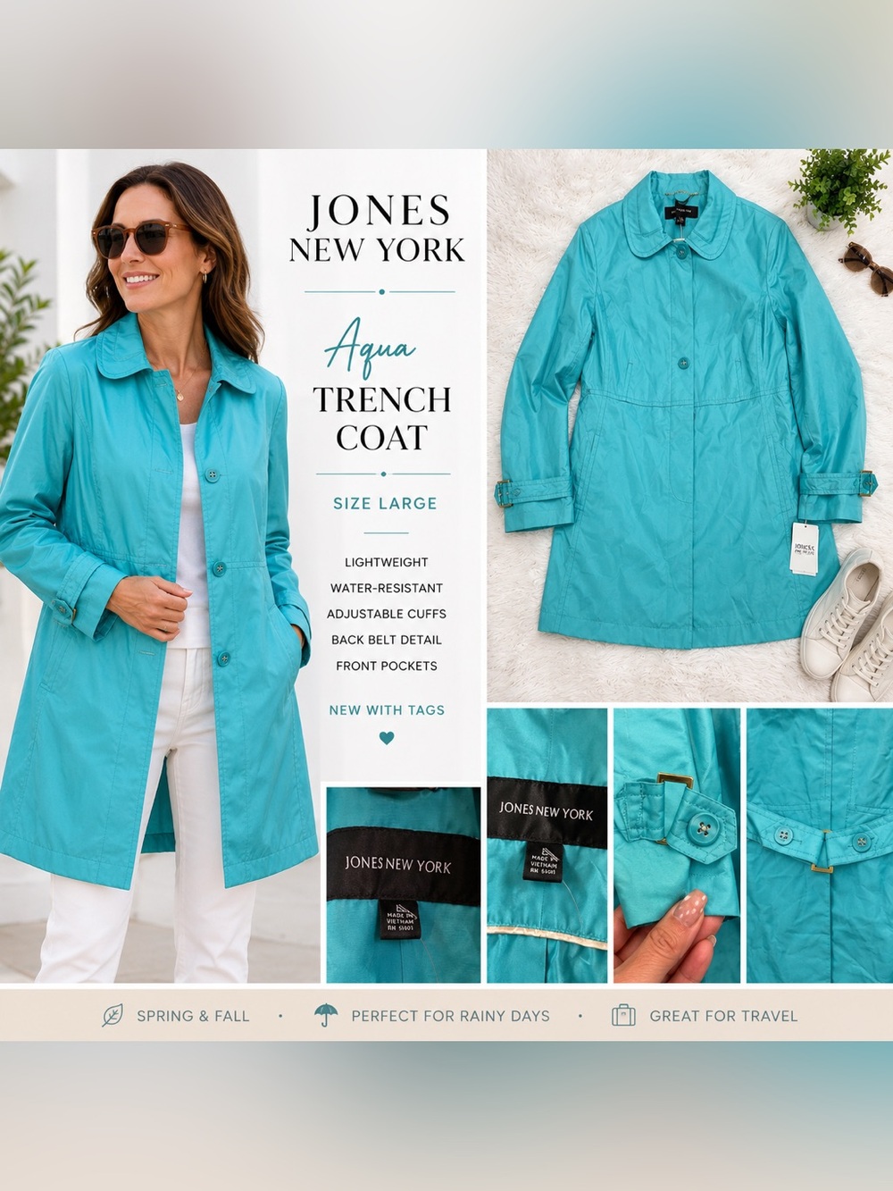 Jones New York Aqua Trench Coat NWT Size Large Water Resistant Jacket